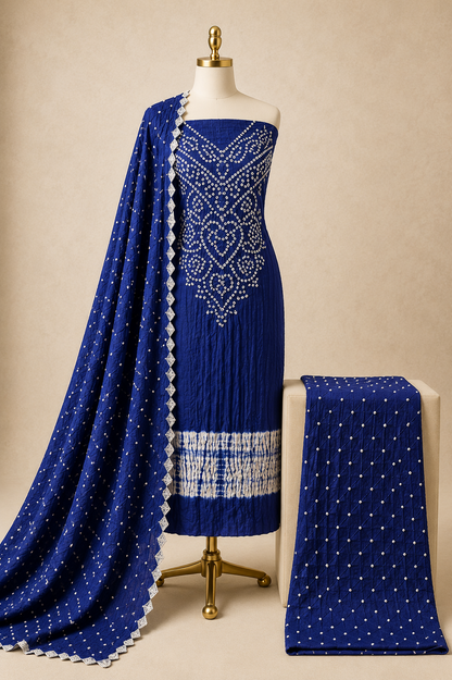 Cotton Self Color Kusum Work 3Pc Unstitched Bandhani Dress Material