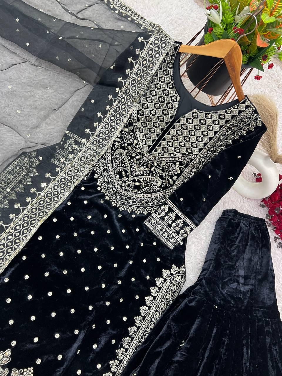 Ethenika Silver Thread Embroidery work Reasdy to wear Velvet Kurti Sharar Set - Premium  from Ethenika.com  - Just INR 4990! Shop now at Ethenika.com 