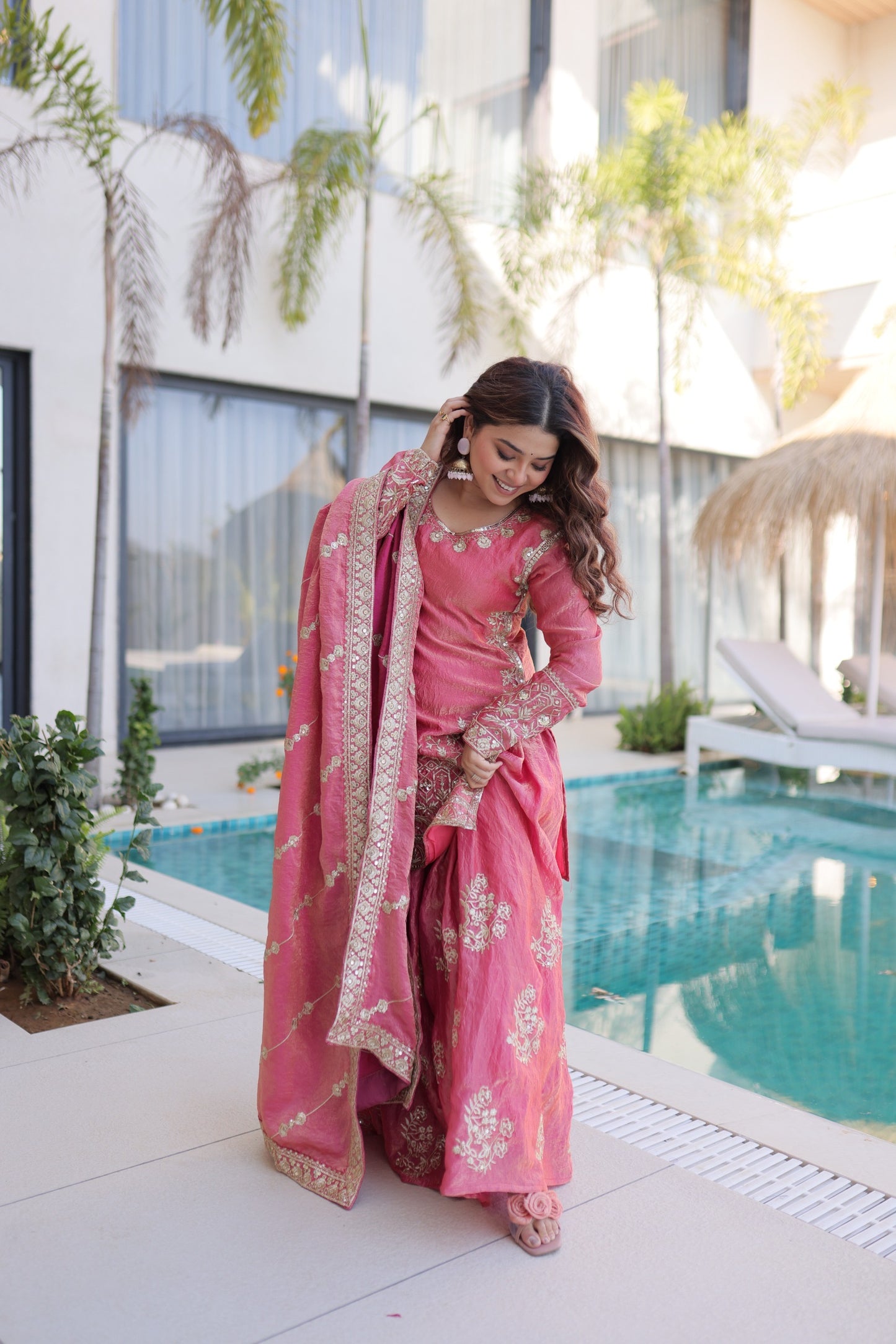 Fendi Silk Crush Sequence Embroidery Work Designer Kurti Sharara Dupatta Set