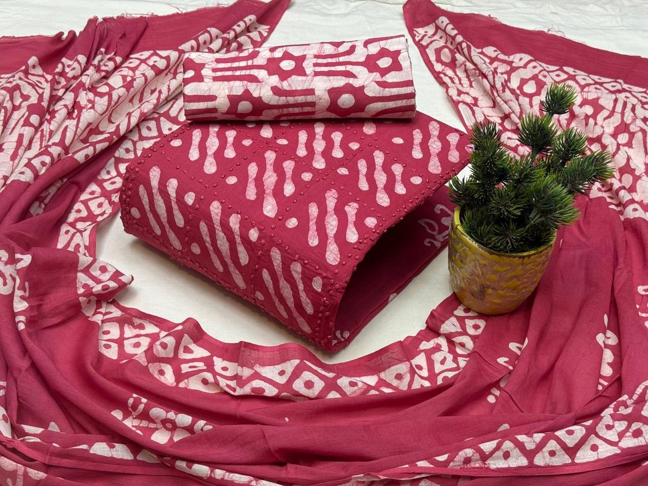 Cotton Thread Work Hand Block Unstitched Batik Dress Material