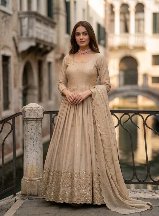 Chinon Silk Sequence Embroidery Work Designer Gown Pant Dupatta Set