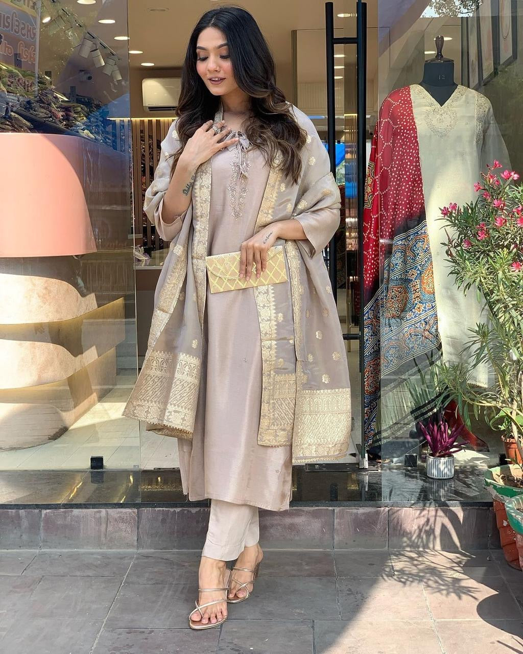 Roman Silk Jeckard Hand work Zari Weaving work Kurti Pant Dupatta Set (Stitched) - Premium  from Ethenika.com  - Just INR 2990! Shop now at Ethenika.com 