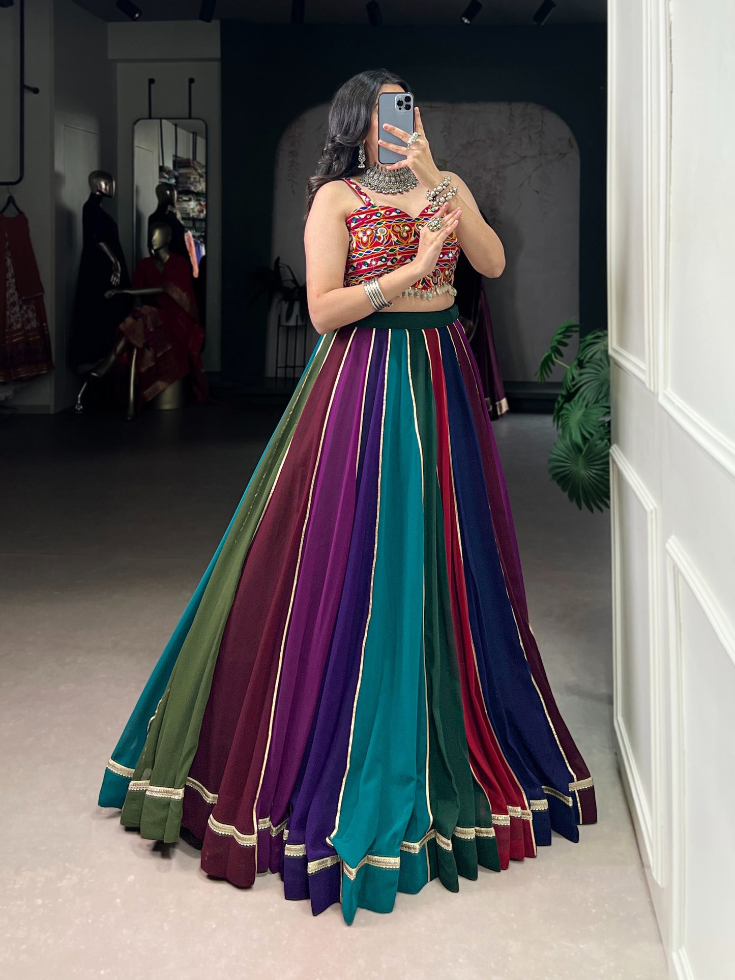 Multicolor Georgette Designer Lehenga Choli Set with Gota Patti Border