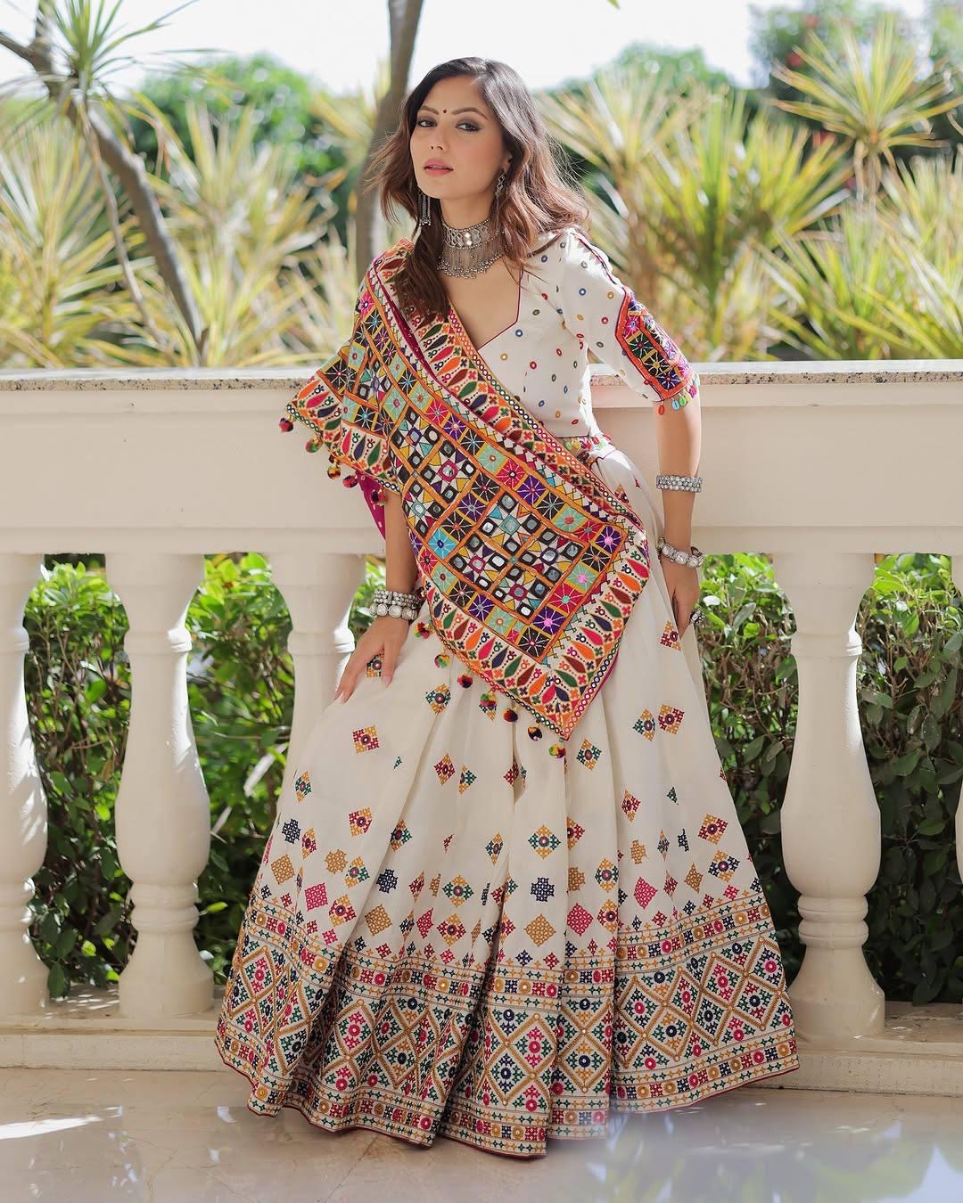 Muslin Digital Print With Mirror Work White Concept Navratri Special Designer Chaniya Choli