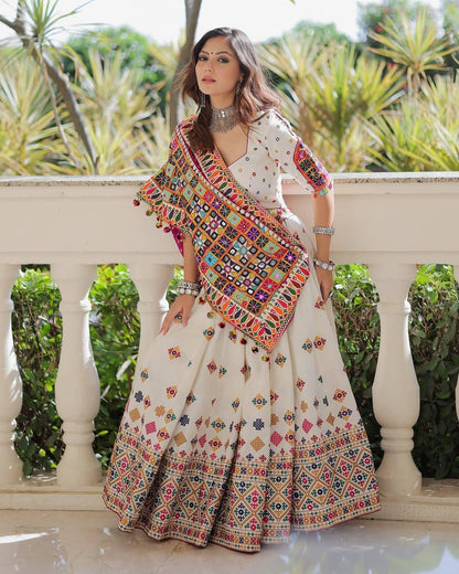 Muslin Digital Print With Mirror Work White Concept Navratri Special Designer Chaniya Choli