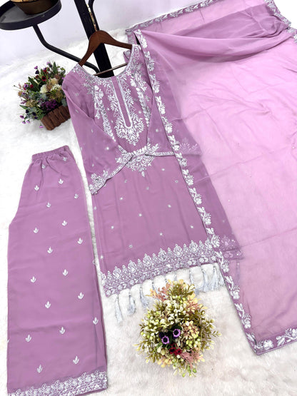 Faux Georgette Sequence Embroidery Work Designer 3Pc Party Wear Kurti Pant Dupatta Set