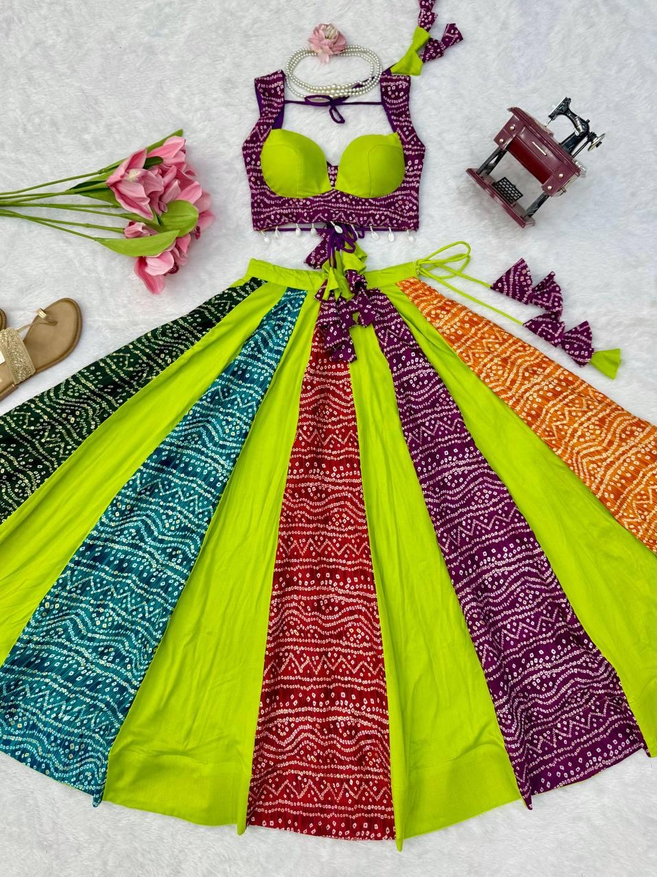 Multicolor Bandhani Rayon Digital Print Chaniya Choli | Ready to Wear | Free Size M-XXXL