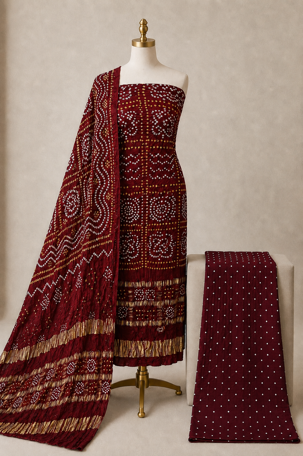 Modal Silk Golden Chex Authentic Handmade 3Pc Unstitched Bandhani Dress Material