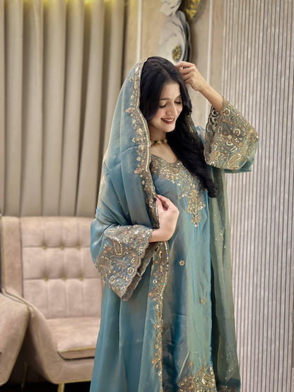 Silk Fabric Eid Special Designer Kurti Sharara Dupatta Set