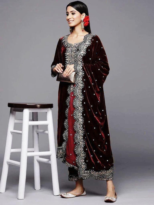 Sequence Neck Embroidery Work Winter Special Designer Velvet Kurti Pant Dupatta Set (Ready to Wear)