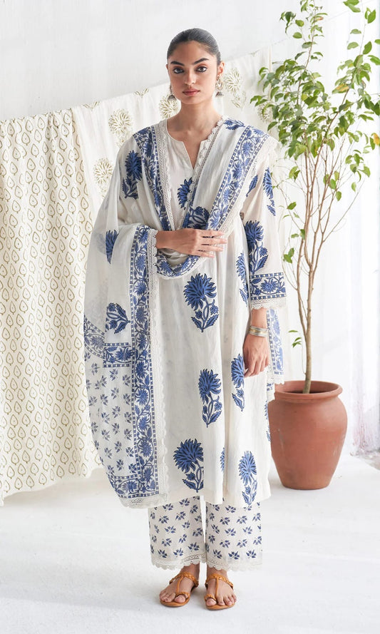 Pure Cotton Summer Special Kalamkari Work Kurta Pant Dupatta Set