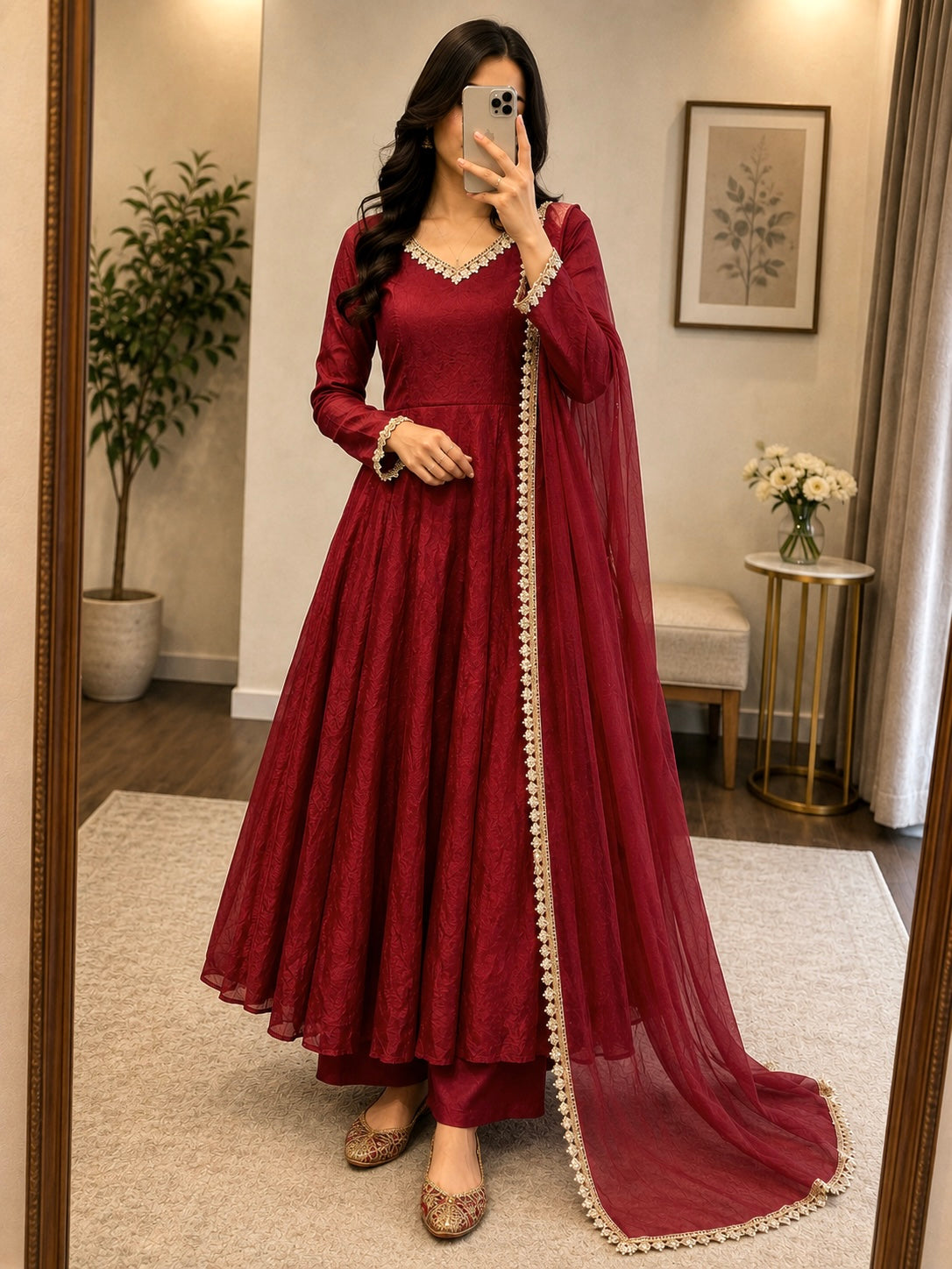 Fendi Silk Mirror Lace Anarkali Gown Set with Dupatta – Rakhi Special