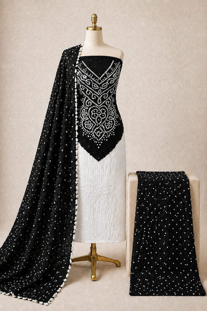 Cotton Satin Kusum Work 3pc Unstitched Bandhani Dress Material