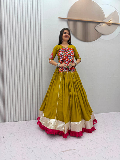 Pure Cotton Gamthi Mirror Work Kediyu Lehenga Choli - 6 Meter Flair