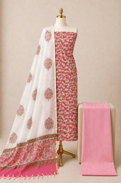 Kota Doria hand block print unstitched 3-piece dress material with top, bottom and dupatta