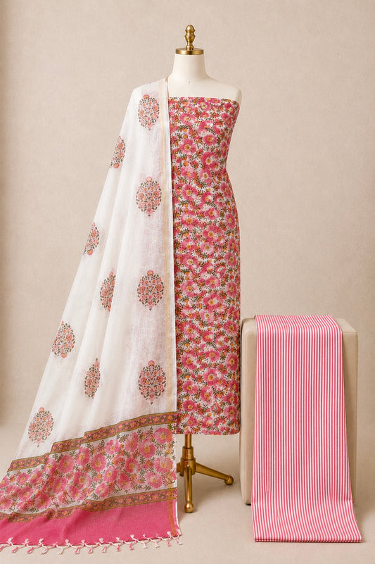 Kota Doria hand block print unstitched 3-piece dress material with top, bottom and dupatta