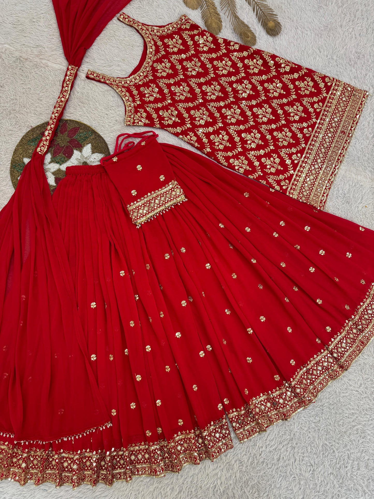 Faux Georgette Sequence Embroidery Work Sleeveless Kurti Sharara Dupatta with Bag Set(Ready to Wear)