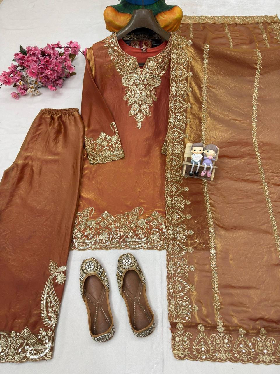 Fendy Silk Sequence Embroidery Work Knee Length Designer Kurti Pant Dupatta Set (Ready to Wear)