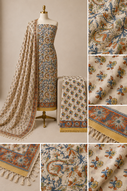 Kota Doria Hand Block Print 3Pc Unstitched Dress Material