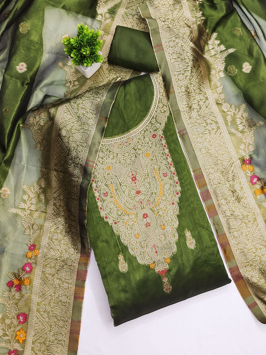 Chanderi Silk Jeckquard Weaving Work 3Pc Dress Material for Women (Unstitched)