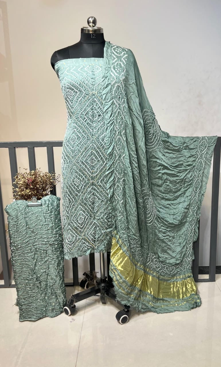 Modal Silk Original Kutch Hand Crafted Barik Bandhej Work Silk Bandhani Dress Material (Unstitched)