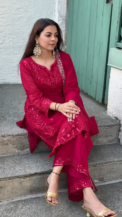 Faux Georgette Sequence Embroidery Work Designer Kurti Pant Dupatta Set (Ready to Wear)