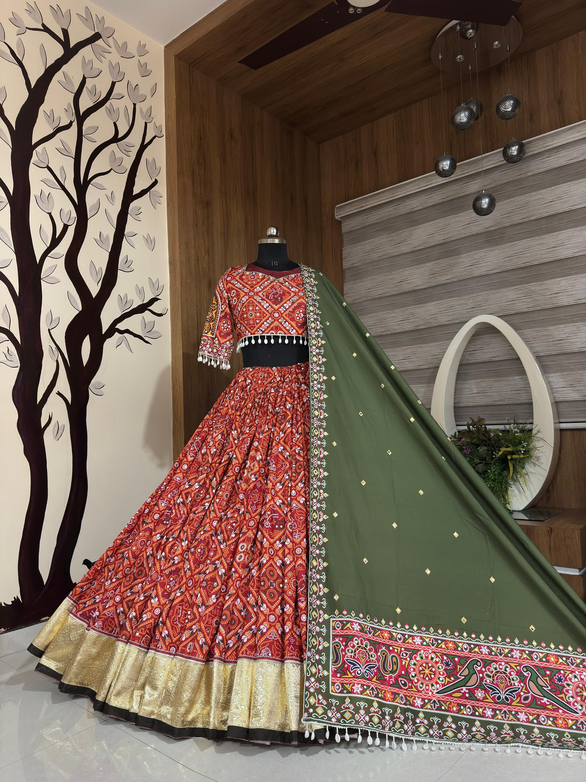 Red Chaniya Choli Close-up of Mirror Work and Details