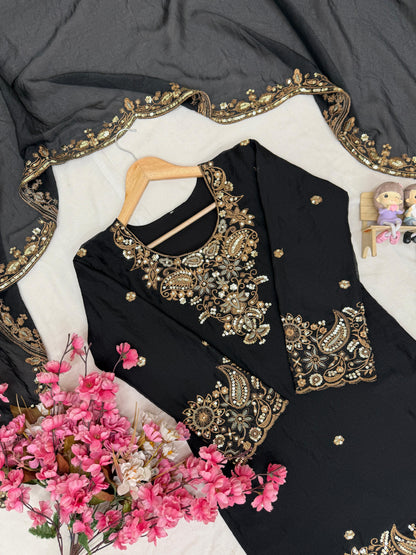 Silk Fabric Eid Special Designer Kurti Sharara Dupatta Set