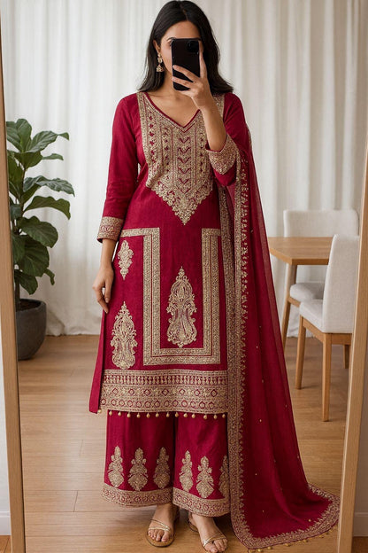 Chinon Silk Coding Dori Sequence Embroidery Work Karwa Chauth Special Designer Kurti Pant Dupatta Set (Ready to Wear)