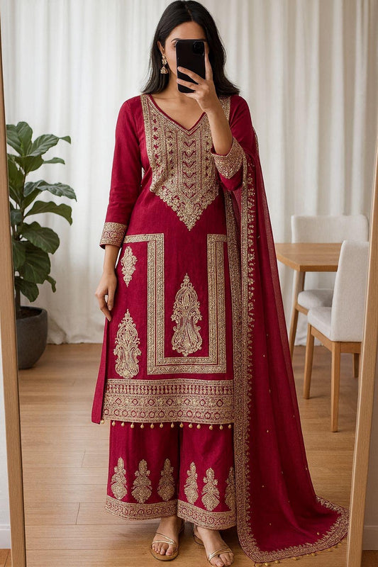 Chinon Silk Coding Dori Sequence Embroidery Work Karwa Chauth Special Designer Kurti Pant Dupatta Set (Ready to Wear)