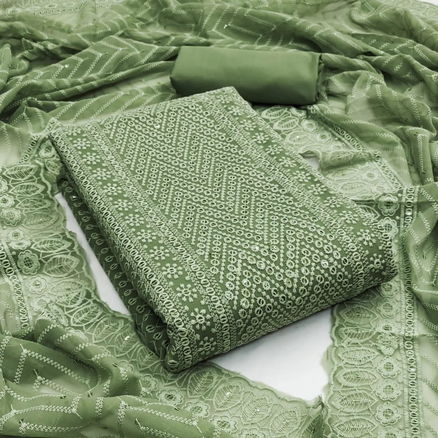 Georgette Chikankari Work Womens Dress Material (Unstitched) Green
