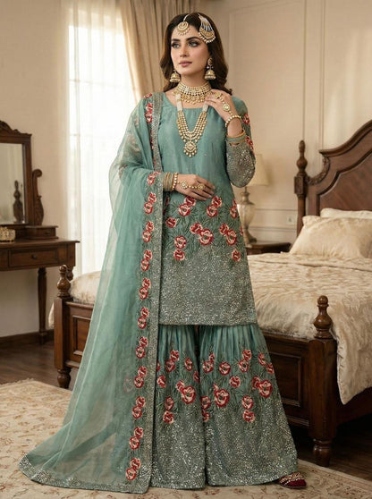Fendy Silk Designer Kurti Sharara Dupatta Set for Eid