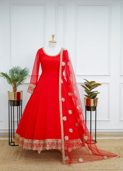 Elegant Red Gown Dupatta set for Karwachauth (Stitched) - Premium  from Ethenika.com  - Just INR 2990! Shop now at Ethenika.com 