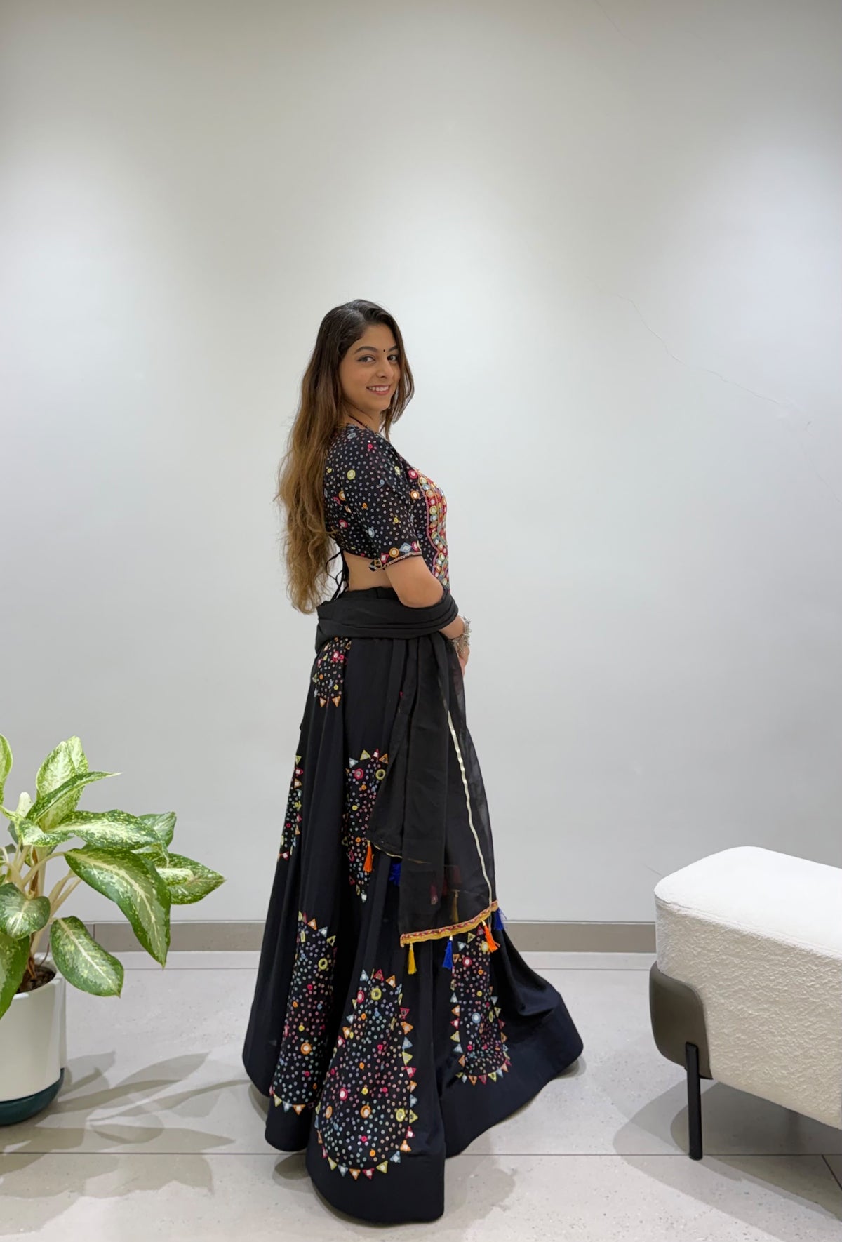 Black Rayon Mirror Work Chaniya Choli - dupatta detail