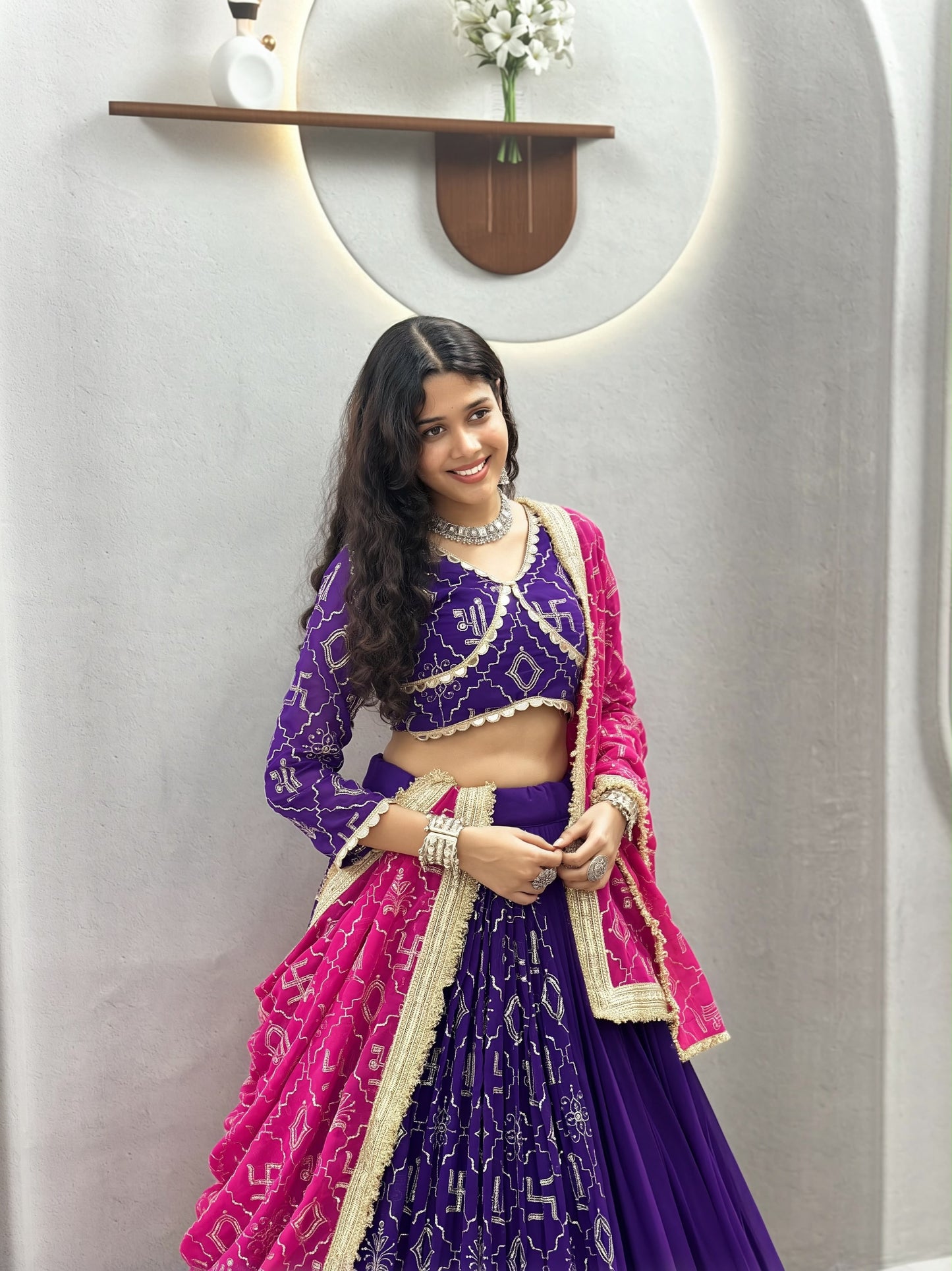 Faux Georgette Mirror Work Designer Chaniya Choli with Dupatta - 6 Meter Flair