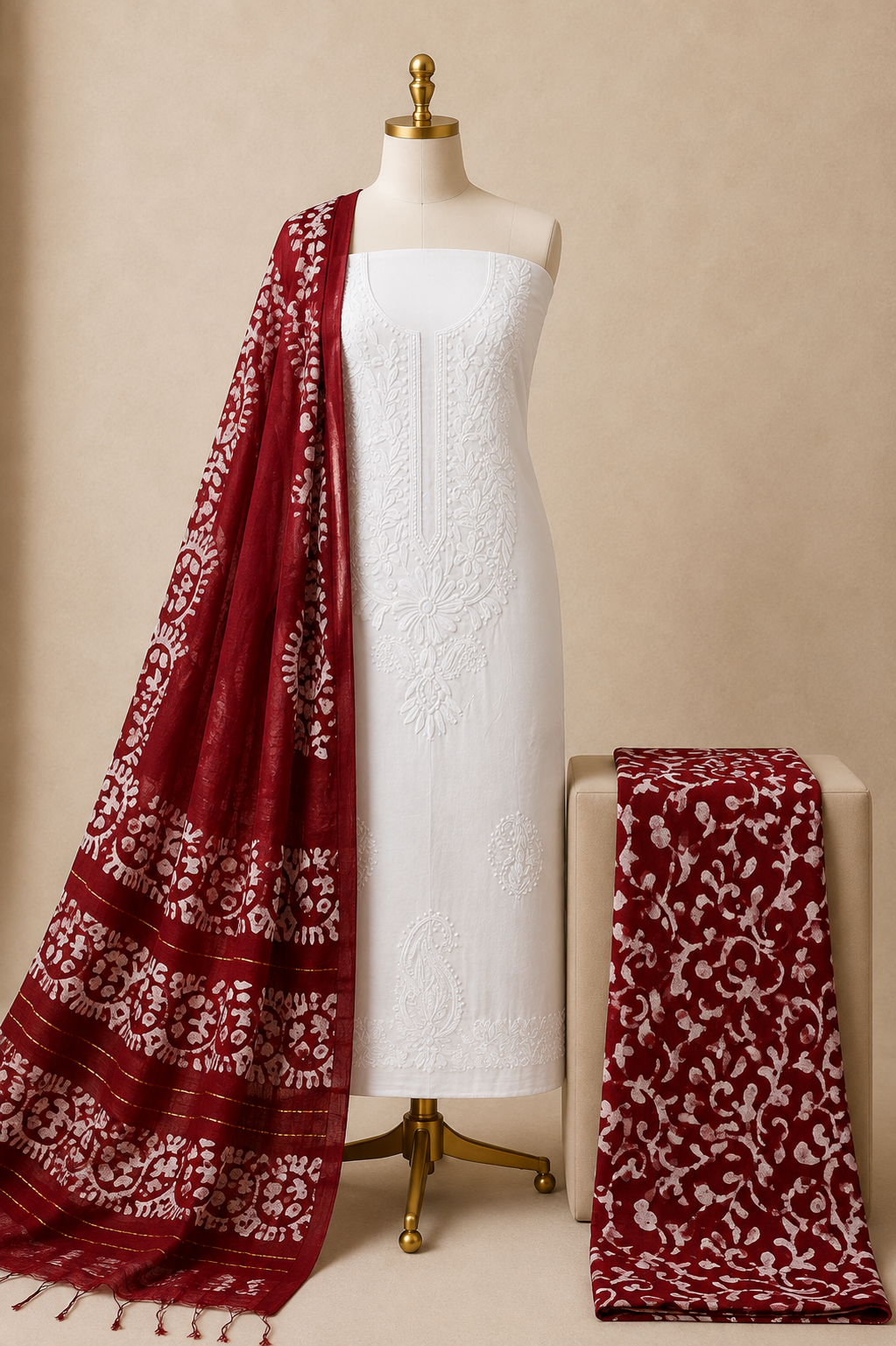 Cotton Lakhnavi Work With Handblock Batik Dupatta Salwar 3Pc Batik Dress Material (Unstitched)