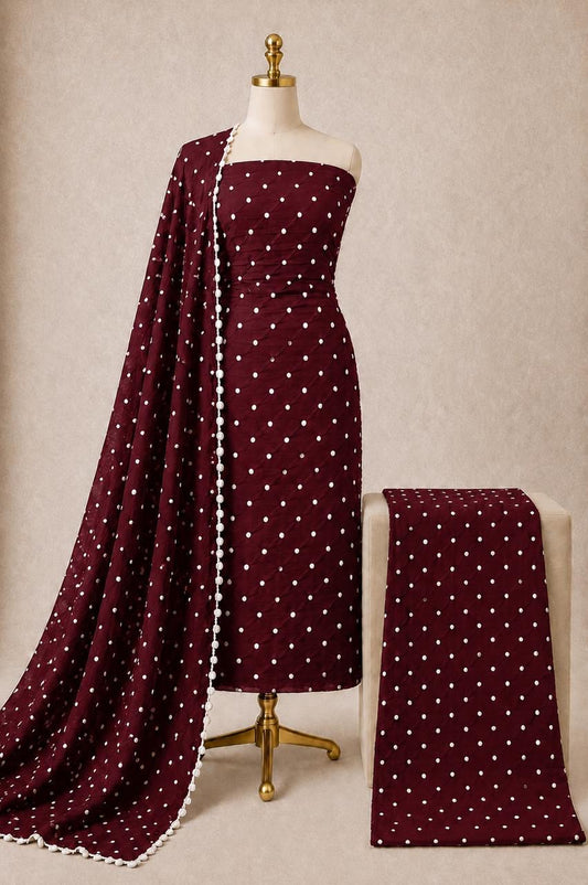 Cotton Satin Self Color Kutch 3Pc Unstitched Bandhani Dress Material