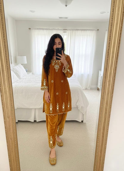 Ethenika Real Mirror Work Velvet Cord Set