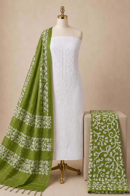 Cotton Lakhnavi Work With Handblock Batik Dupatta Salwar 3Pc Batik Dress Material (Unstitched)