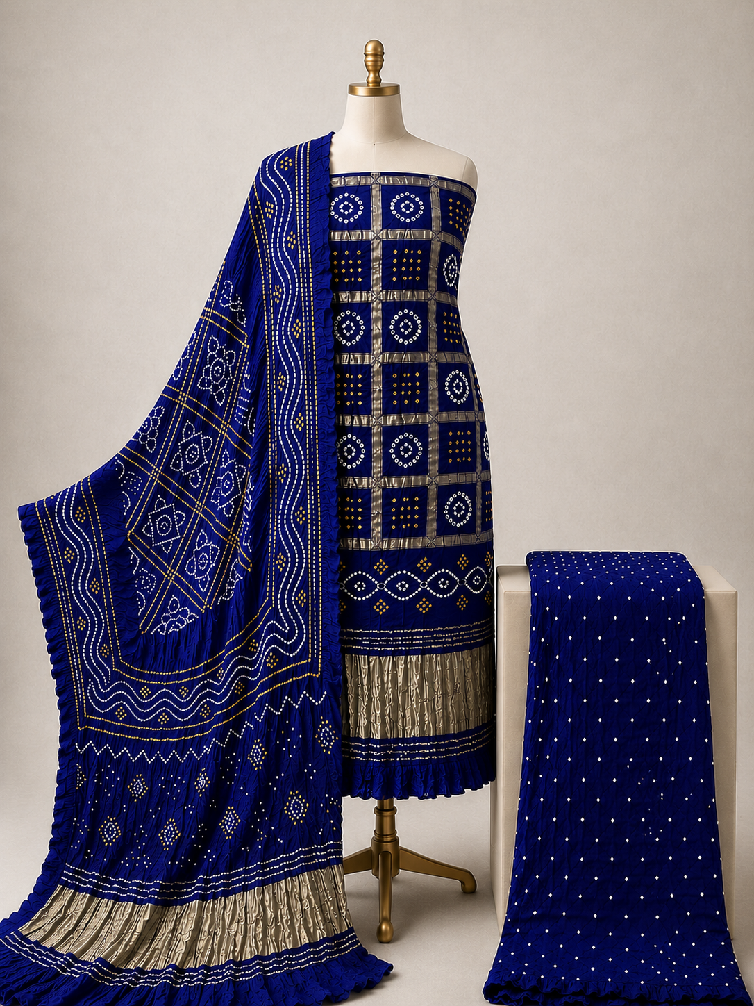 Modal Silk Golden Chex Work Jamnagar 3Pc Unstitched Dress Material