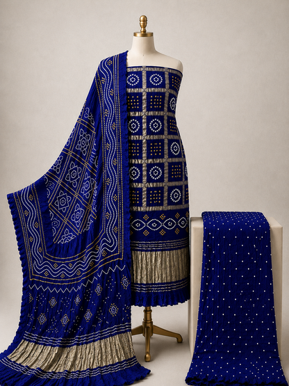 Modal Silk Golden Chex Work Jamnagar 3Pc Unstitched Dress Material