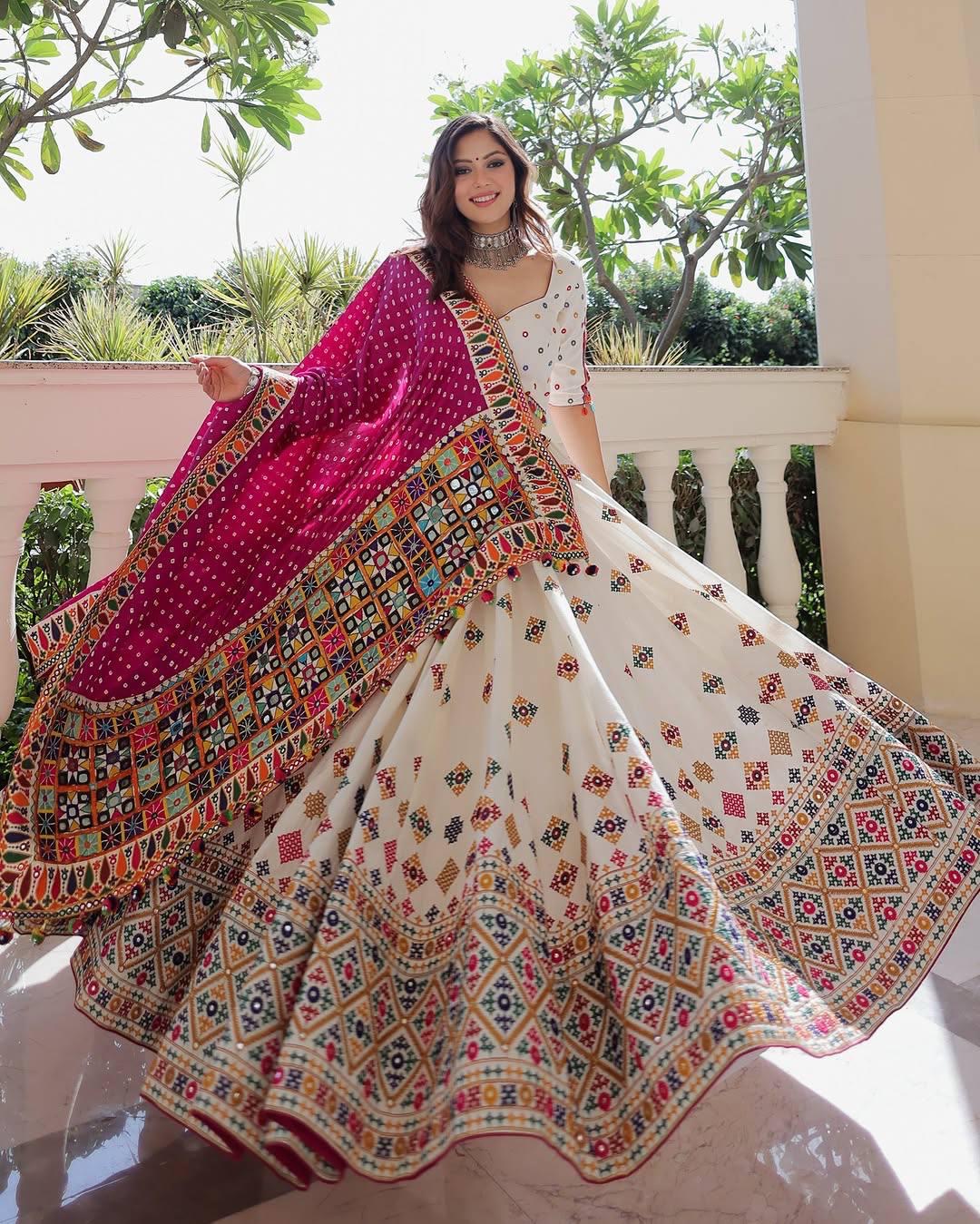 Muslin Digital Print With Mirror Work White Concept Navratri Special Designer Chaniya Choli