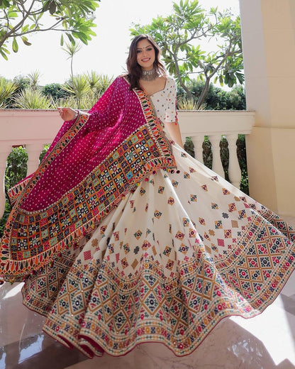 Muslin Digital Print With Mirror Work White Concept Navratri Special Designer Chaniya Choli