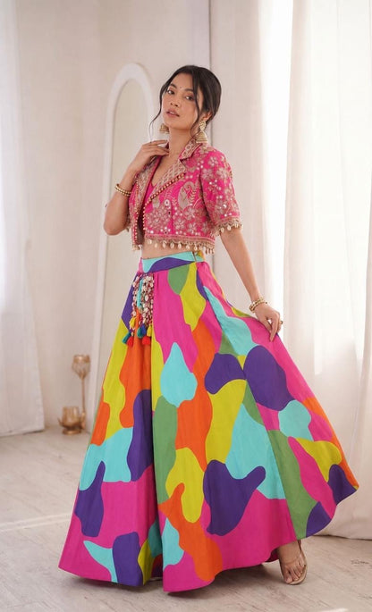 Crep Digital Print Embroidery Lehenga Choli | Mirror Work | Ready to Wear | Free Size 38-42