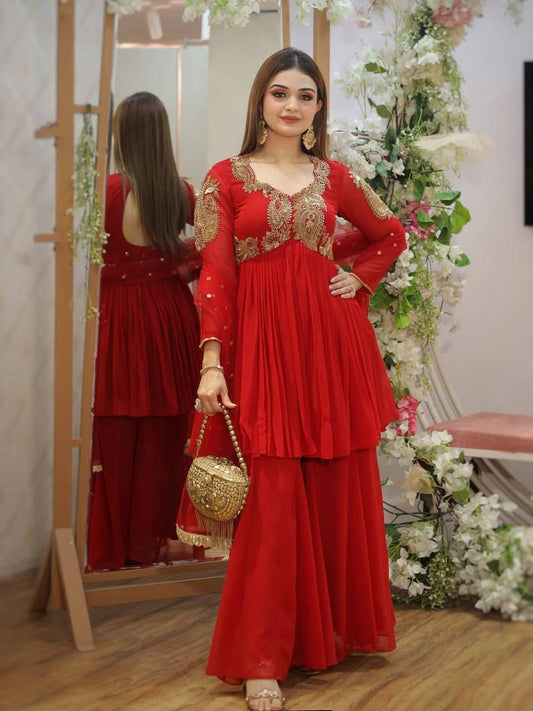 Karwa chauth Special Designed Neck work Red Kurti Sharara Dupatta Set (Ready to Wear)