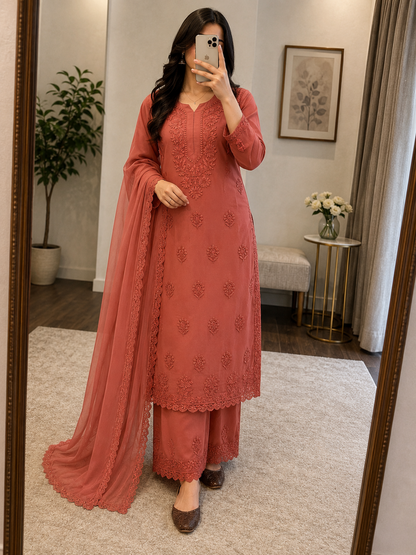 Faux Georgette Chikankari Thread Embroidery Kurti Pant Dupatta Set