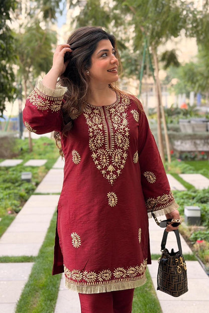 Chikankari Style Embroidery Kurti Pant Set