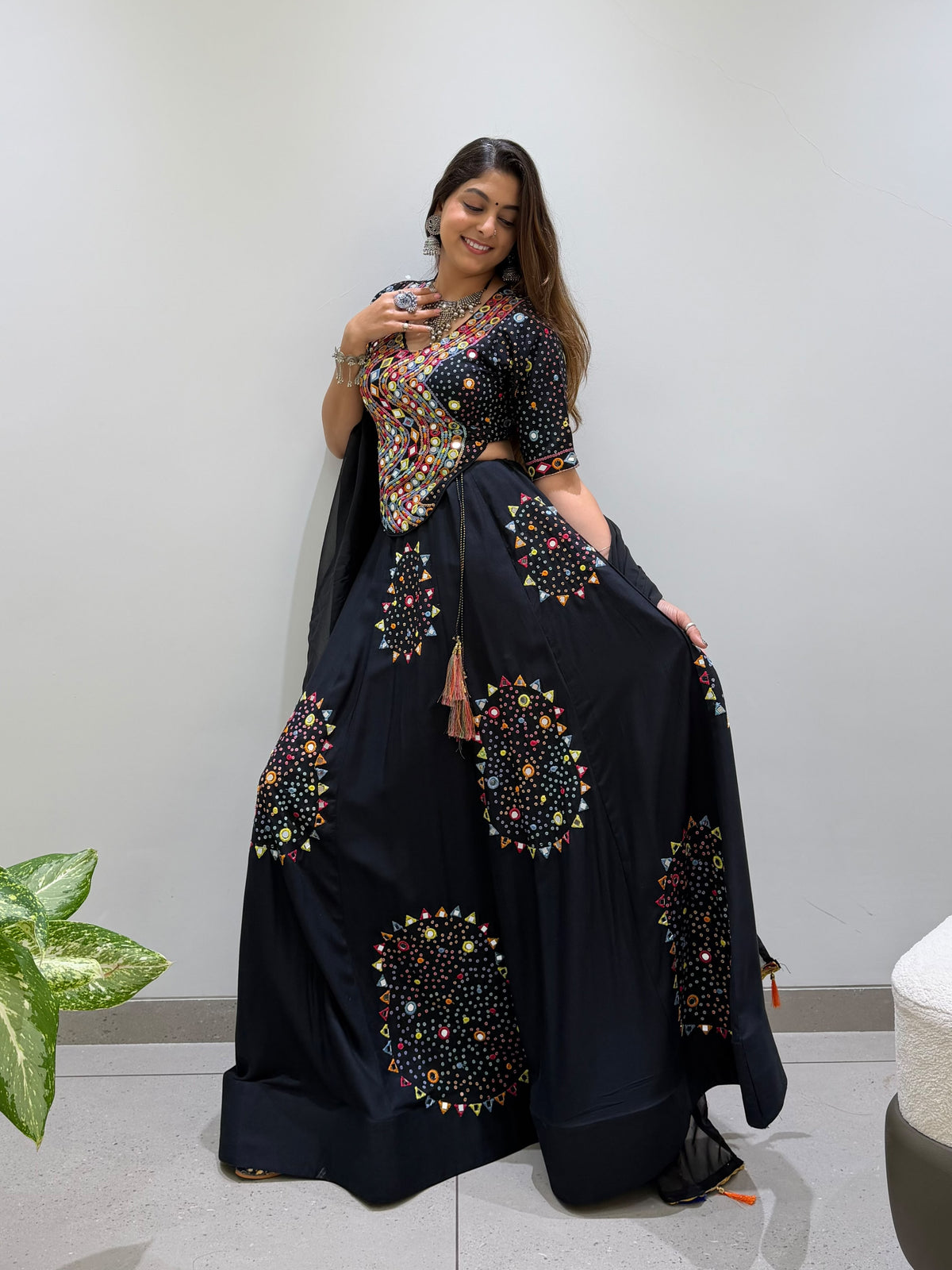 Black Rayon Mirror Work Chaniya Choli - full outfit styled