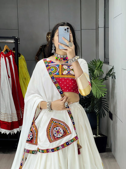 Pure Rayon Cotton Multi Kutchi Design White Concept 6M Flair Navratri Garba Chaniya Choli (Ready to Wear)