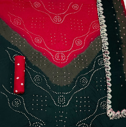 Cotton Satin V Pattern Multi Color Hand Crafted Kutch Bandhani Dress Material (Unstitched)
